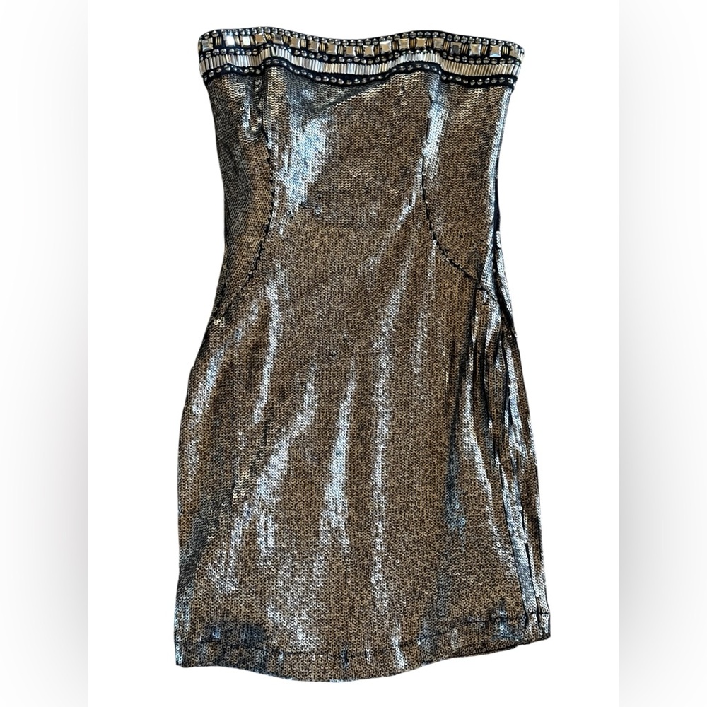Vintage BEBE Armor Shimmering Gold Sequin and Beaded Strapless Mini Dress